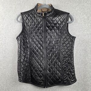 Be Vest Womens Medium Black Leather Quilted Zip Front Lined Collared Pockets